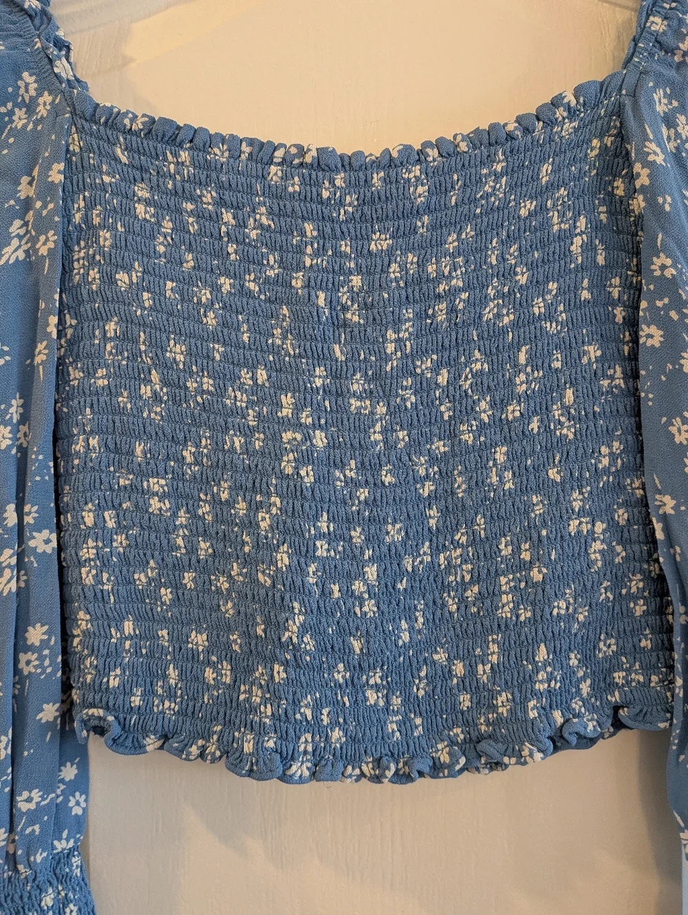 Reformation Pinto Floral Smocked Crepe Top Lassen Blue Shirt Size S Cottagecore